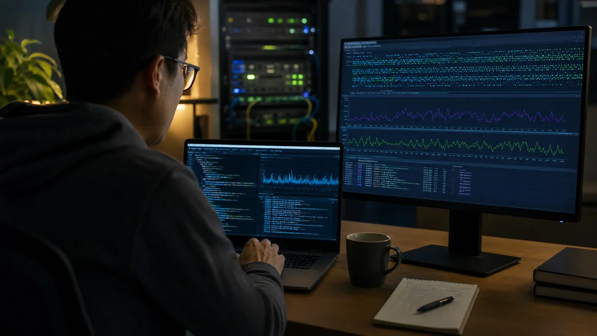 Backend engineer monitoring a live API event stream and latency charts